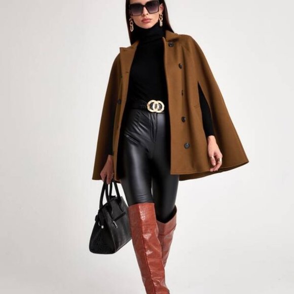 Cloak Sleeve Double Button Cape Coat brown - Picture 4 of 11